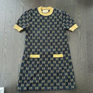 Gucci navy& gold metallic GG jacquard knit dress size small